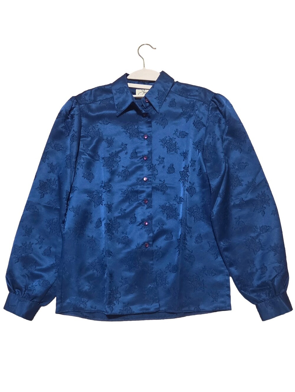 Vintage Joan Collins Blue Floral Jacquard Satin Blouse